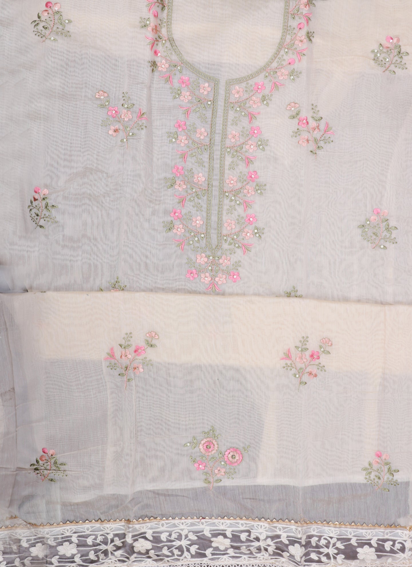 Tissue Embroidered Beige Unstitched Dress Material With Dupatta