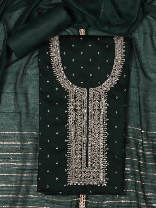 Chanderi Embroidered Green Unstitched Dress Material