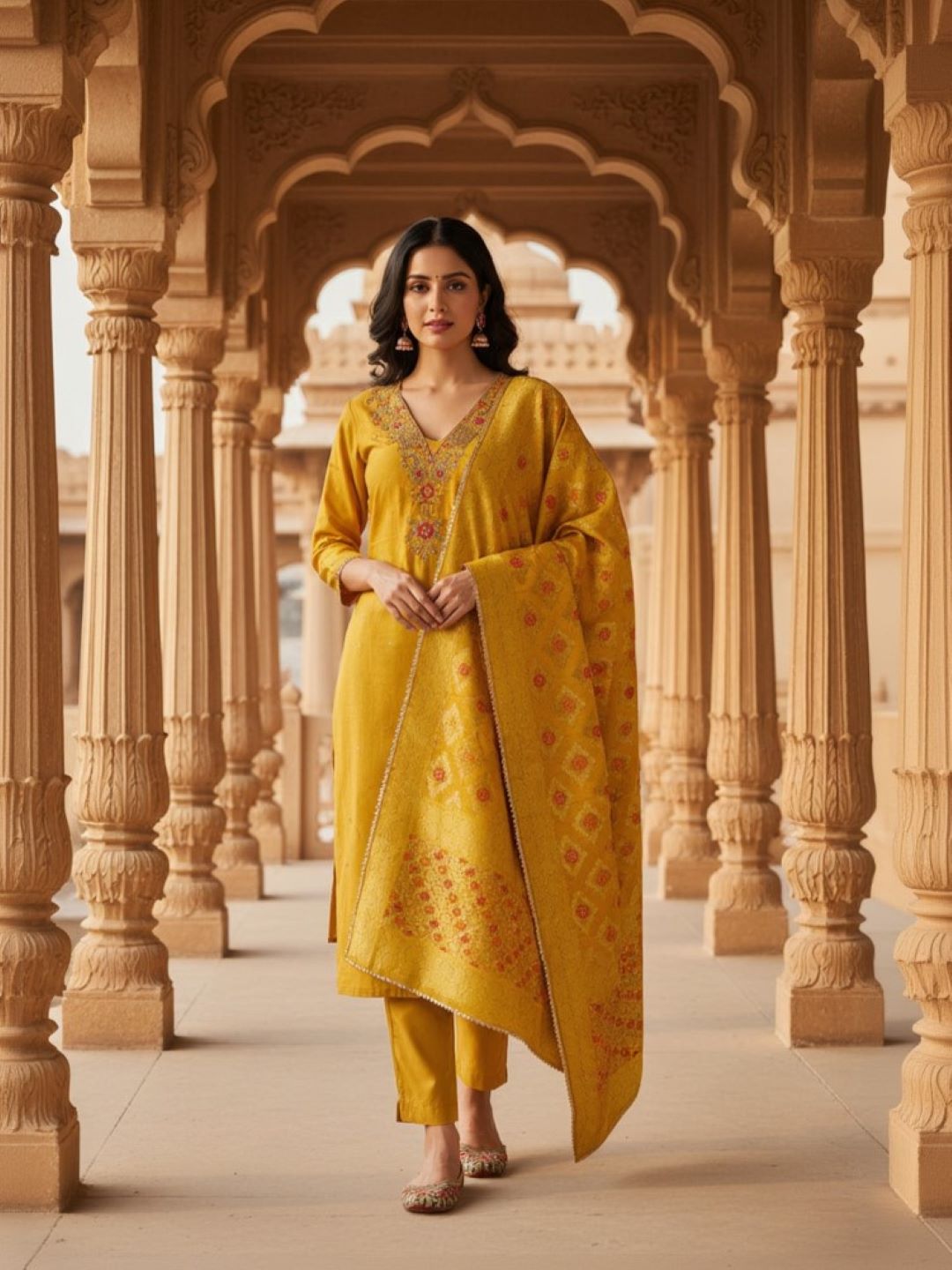 Silk Embroidered Yellow Unstitched Dress Material