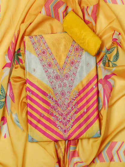 Chanderi Embroidered Yellow Unstitched Dress Material