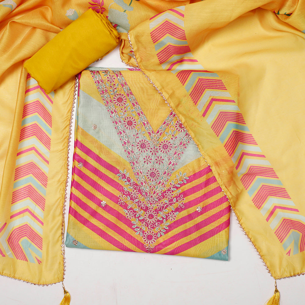 Chanderi Embroidered Yellow Unstitched Dress Material