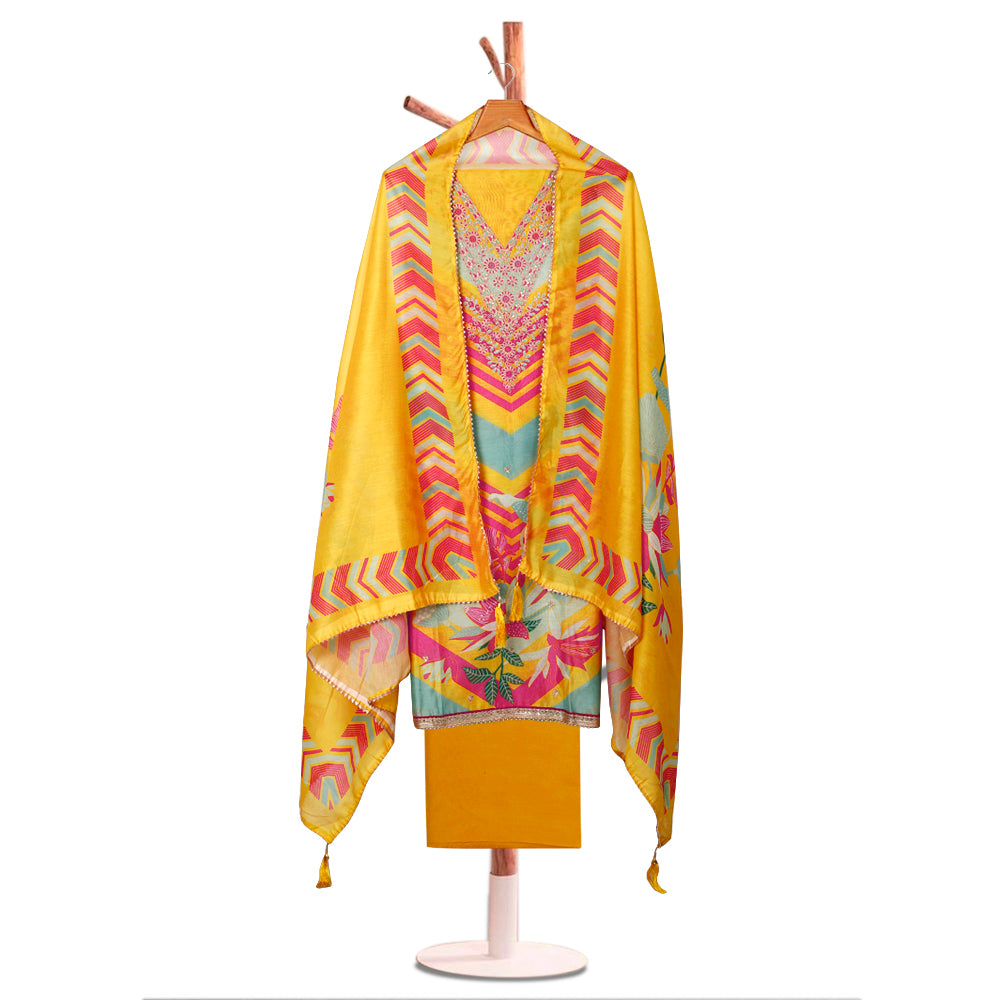 Chanderi Embroidered Yellow Unstitched Dress Material