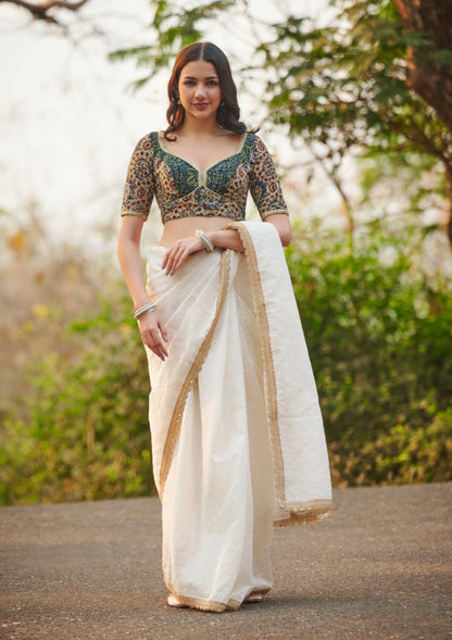 Beige Hand Block Printed Ajrakh Pure Cotton Sweetheart Neck Readymade Blouse