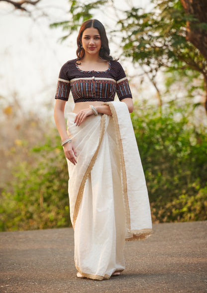 Black Hand Block Printed Ajrakh Pure Cotton Round Neck Readymade Blouse