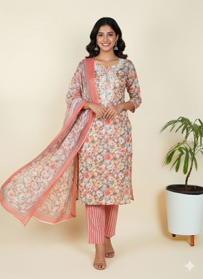 Cotton Embroidered Peach Unstitched Dress Material