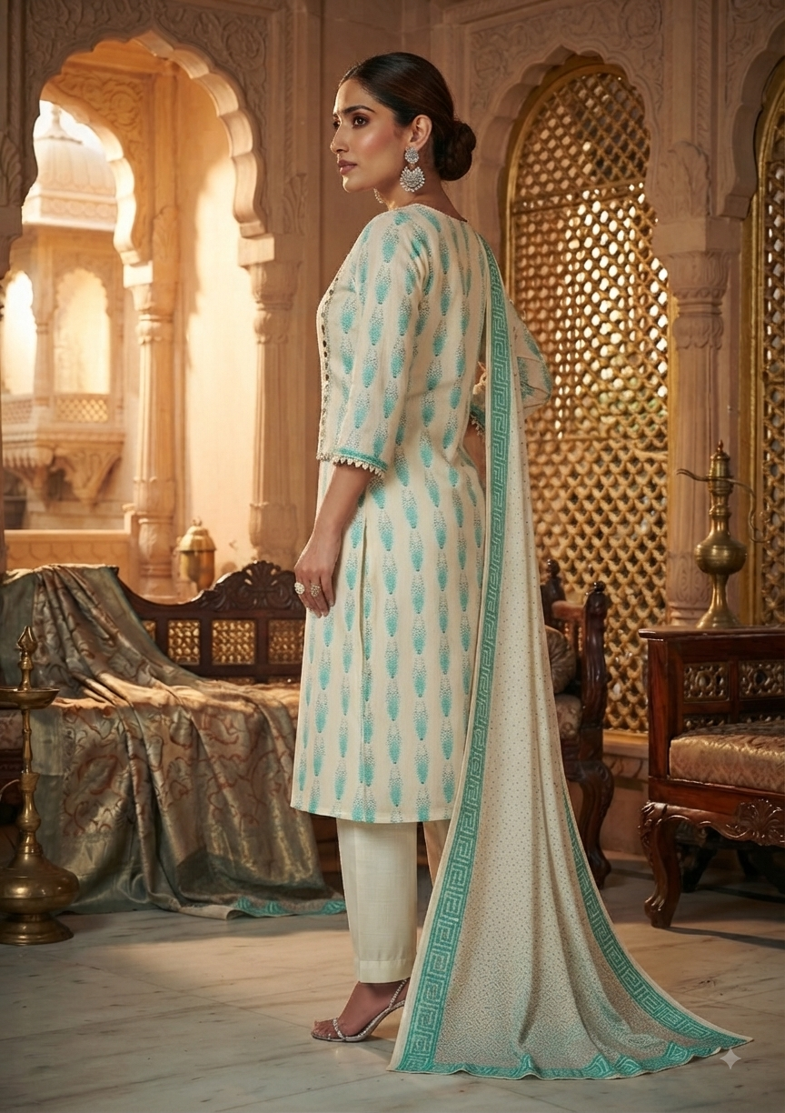 Cream & Turquoise Banarasi Chanderi Silk Kurta & Dupatta
