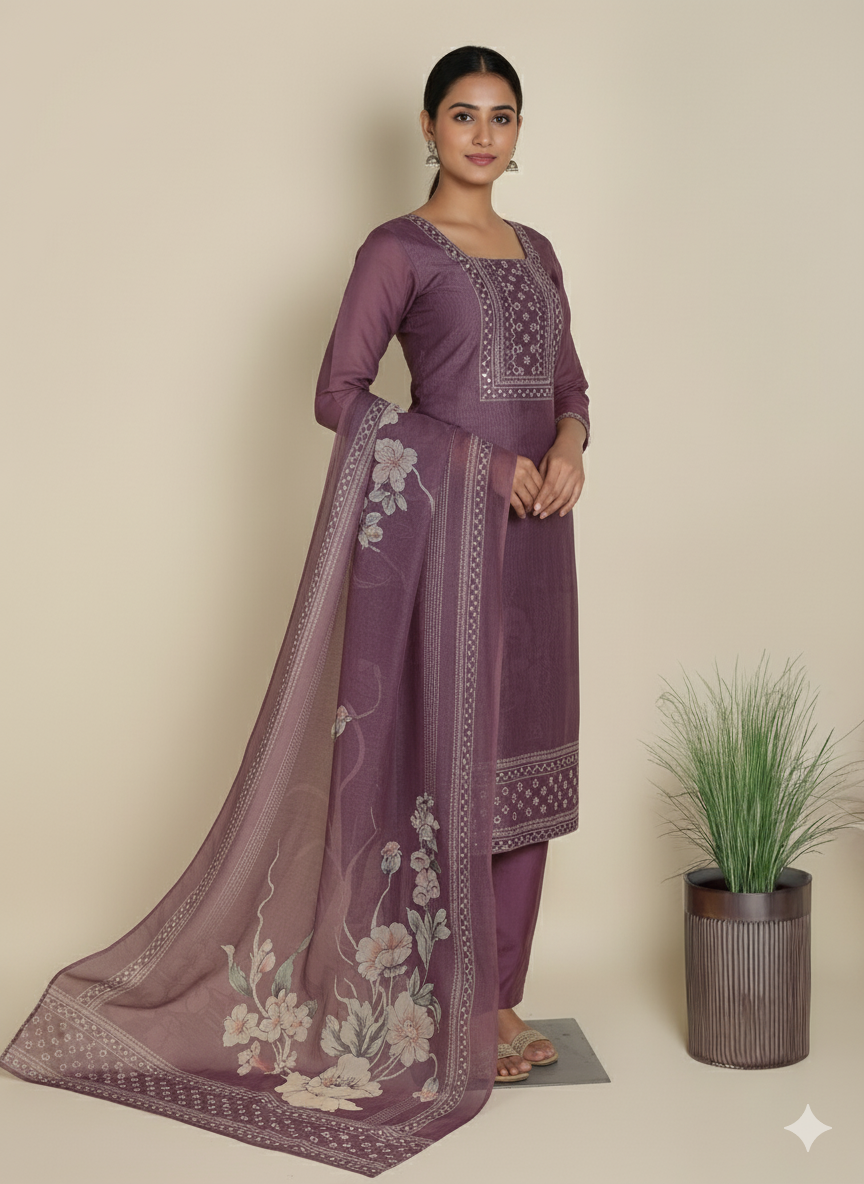 Lavender Chanderi Silk Embellished Unstitched Dress Material (3 Pc)