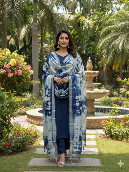Blue Solid Pure Cotton Unstitched Dress Material (with printed Dupatta)