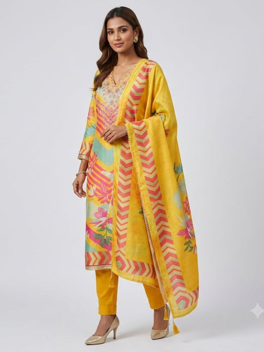 Chanderi Embroidered Yellow Unstitched Dress Material