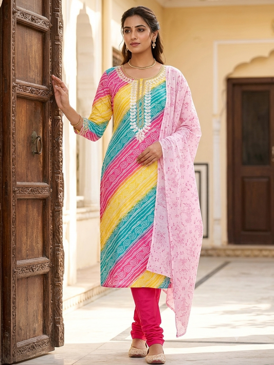 Cotton Embroidered Multicolor Unstitched Dress Material With Dupatta