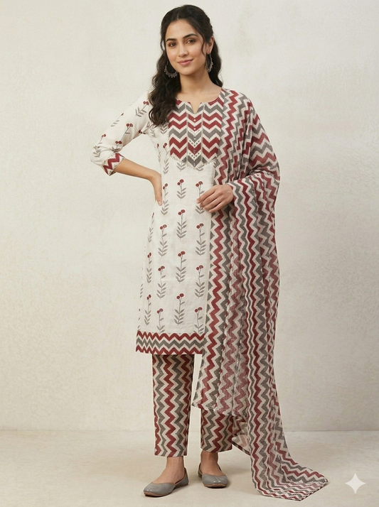 Cotton Printed White Unstitched Dress Material With Dupatta