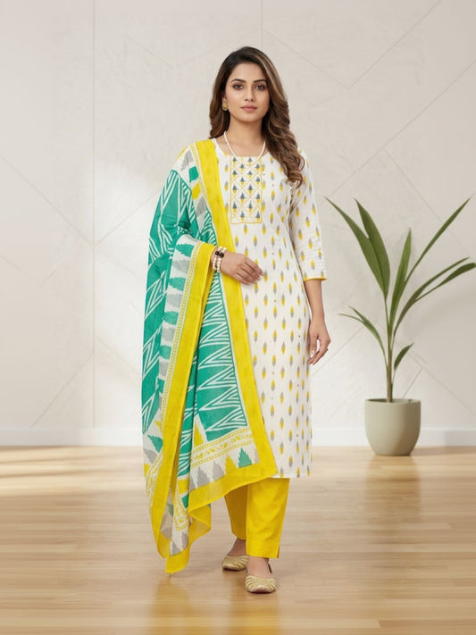 Cotton Printed White Unstitched Dress Material With Dupatta