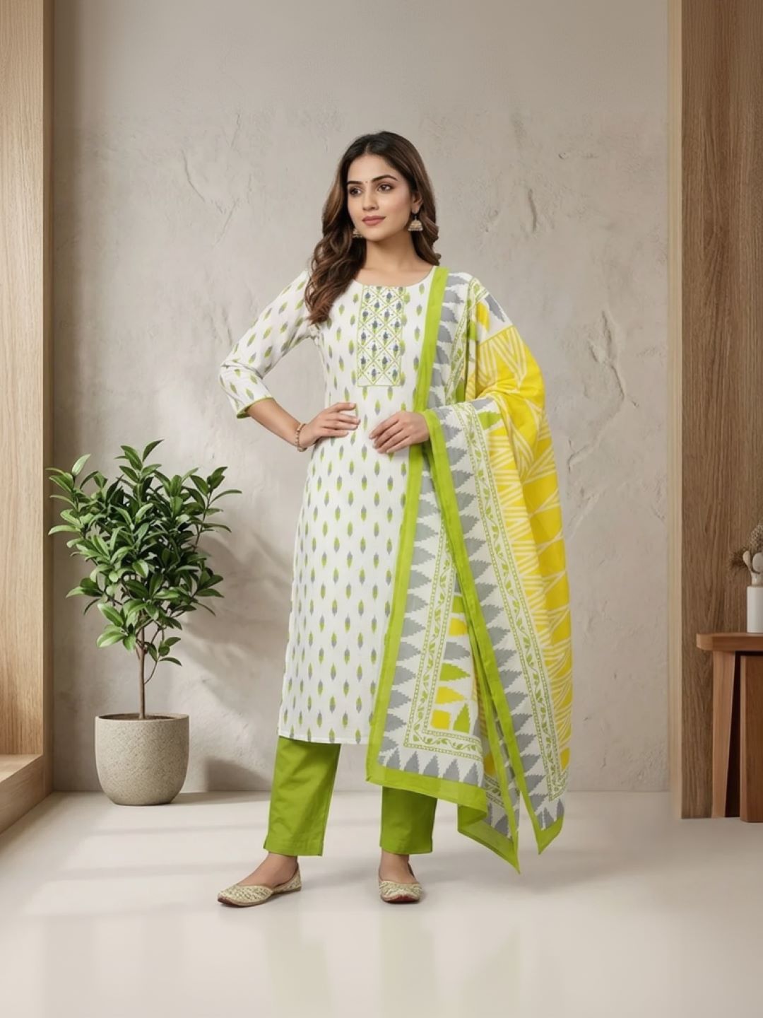 Cotton Printed White Unstitched Dress Material With Dupatta