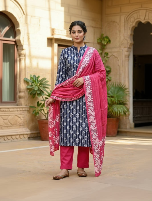 Cotton Tie & Dye Blue Unstitched Dress Material With Dupatta