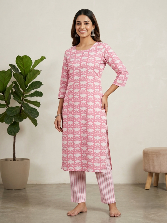 Pink Cotton Printed Unstitched Dress Material (2 Pc)