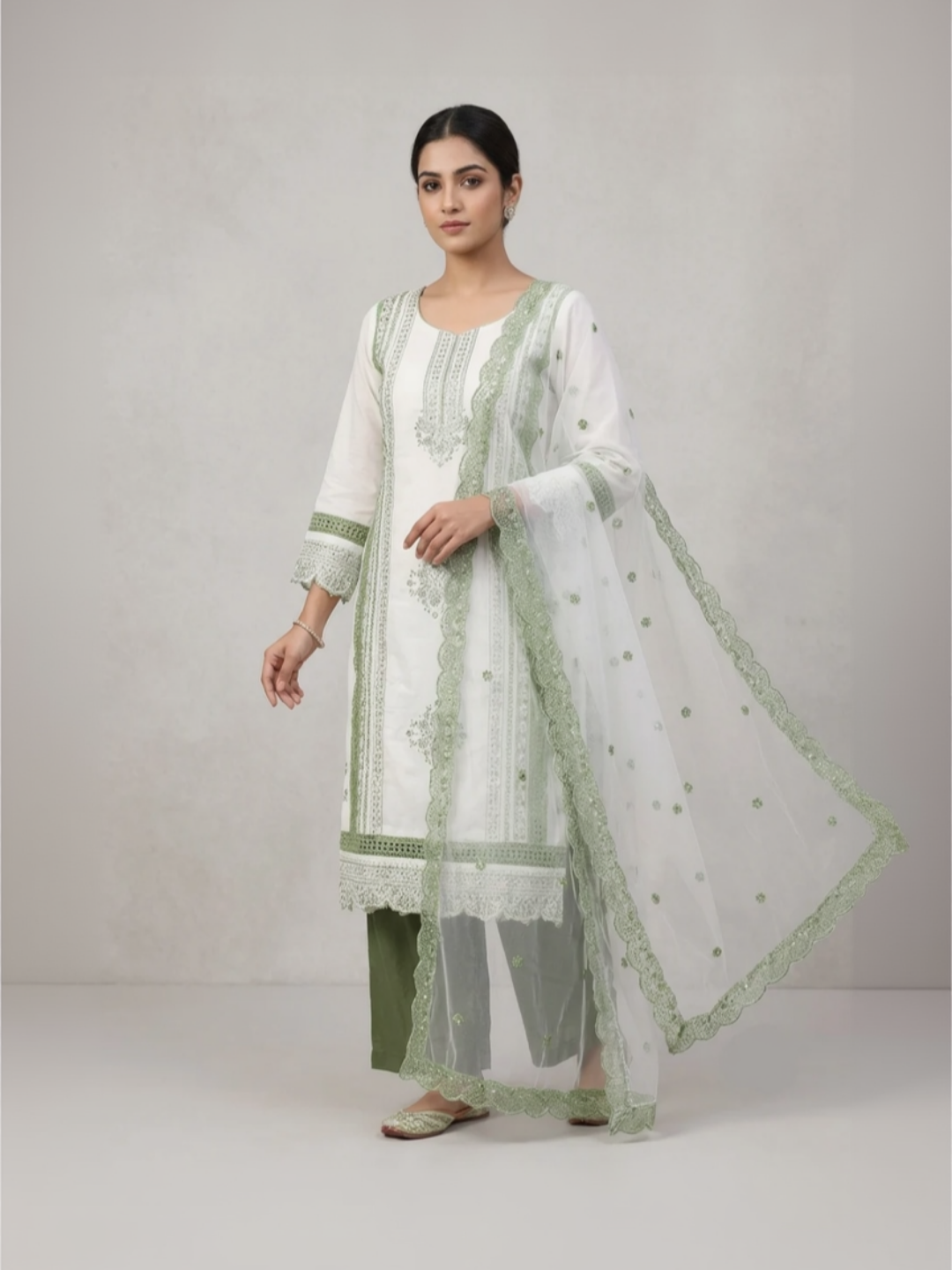 Silk Embroidered Green & White Unstitched Dress Material With Dupatta