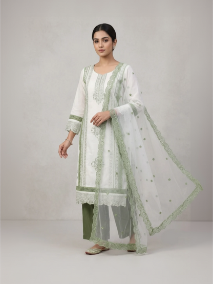 Silk Embroidered Green & White Unstitched Dress Material With Dupatta