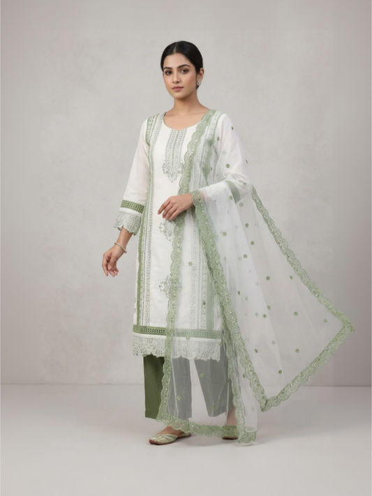 Silk Embroidered Green & White Unstitched Dress Material With Dupatta