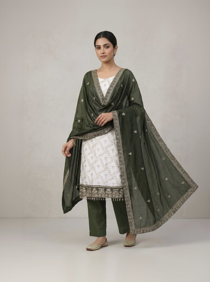 White and Green Embroidered Floral Silk Georgette Unstitched Dress Material