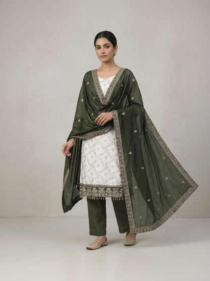 White and Green Embroidered Floral Silk Georgette Unstitched Dress Material