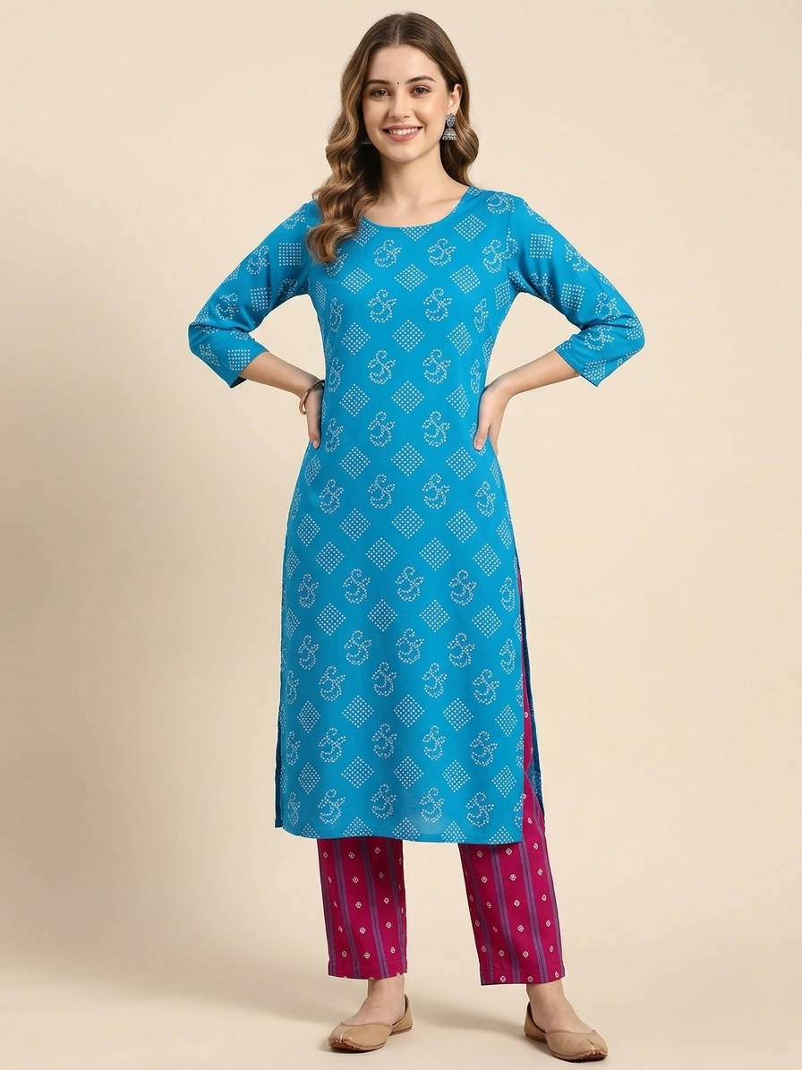 Blue & Pink Cotton Printed Unstitched Dress Material (2 Pc)