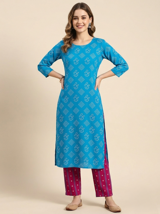 Blue & Pink Cotton Printed Unstitched Dress Material (2 Pc)