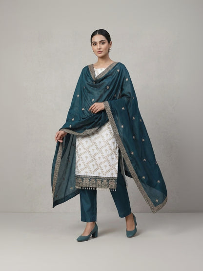 Silk Georgette Embroidered White & Blue Unstitched Dress Material With Dupatta