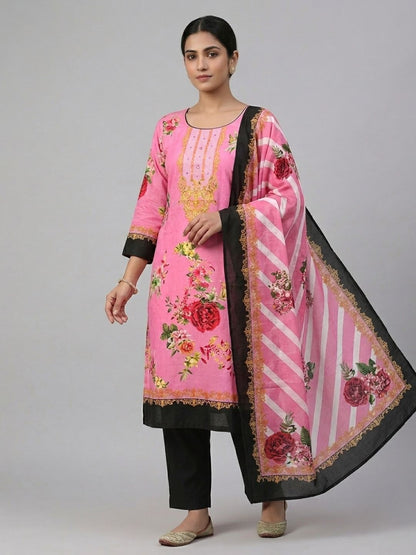 Cotton Printed Pink & Black Unstitched Dress Material With Dupatta