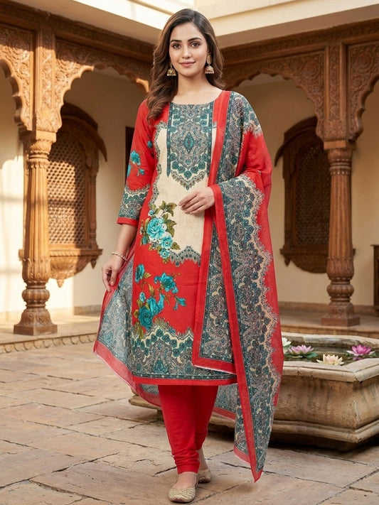 Cotton Printed Red & White Unstitched Dress Material With Dupatta