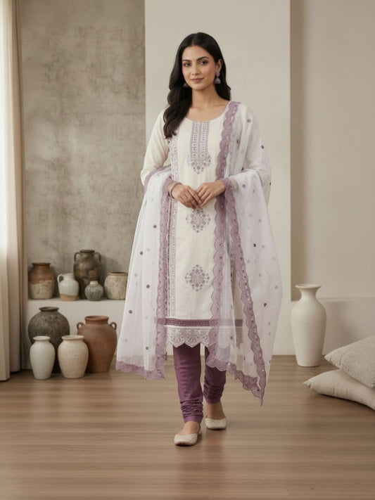 Silk Embroidered White & Purple Unstitched Dress Material With Dupatta