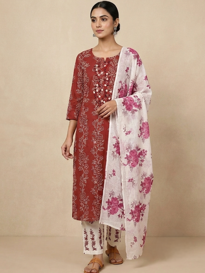 Cotton Embroidered Maroon Unstitched Salwar Dress Material With Dupatta