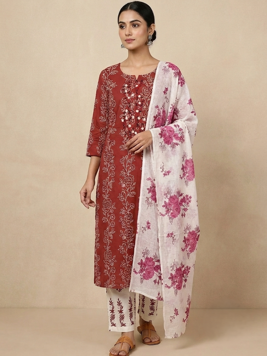 Cotton Embroidered Maroon Unstitched Salwar Dress Material With Dupatta