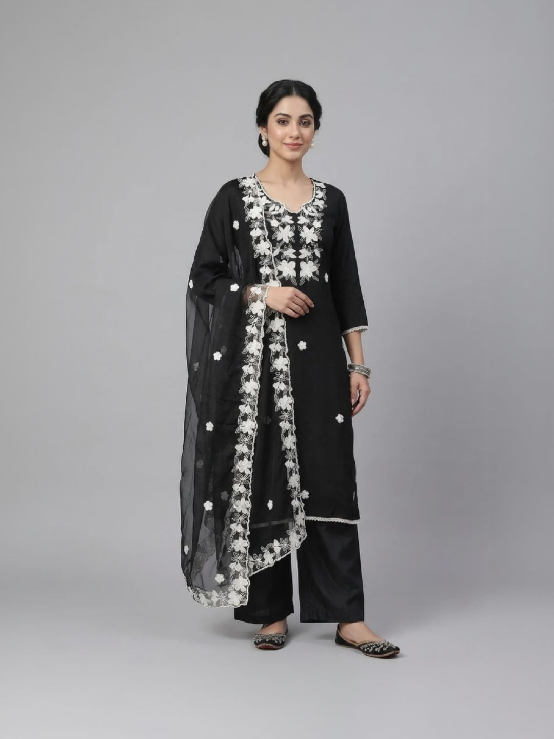 Silk Embroidered Black Unstitched Salwar Dress Material With Dupatta
