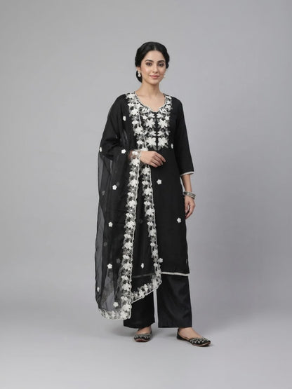 Silk Embroidered Black Unstitched Salwar Dress Material With Dupatta