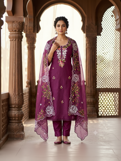 Tissue Embroidered Purple Unstitched Dress Material With Dupatta