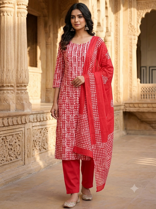 Cotton Printed Red & White Unstitched Dress Material With Dupatta