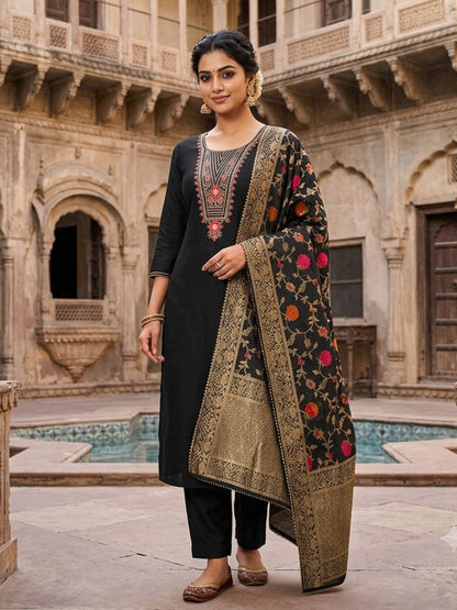 Silk Embroidered Black Unstitched Dress Material
