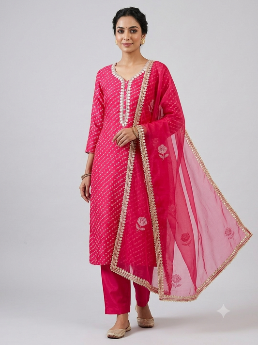 Chiffon Silk Printed Pink Unstitched Dress Material With Dupatta