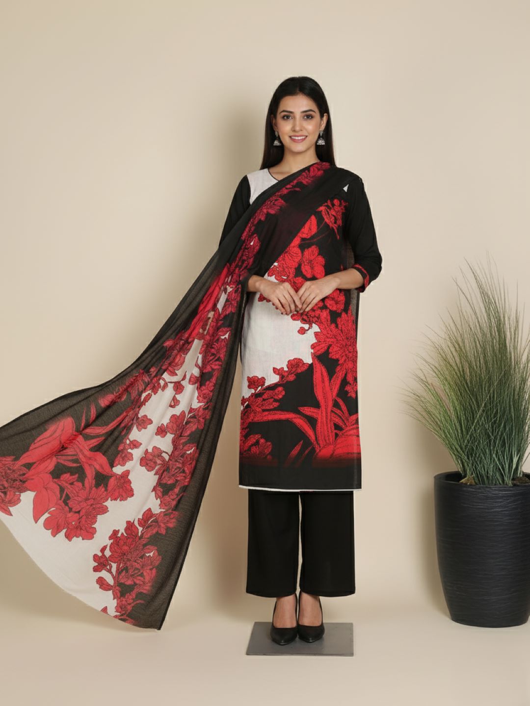 Cotton Embroidered Black & Red Unstitched Dress Material