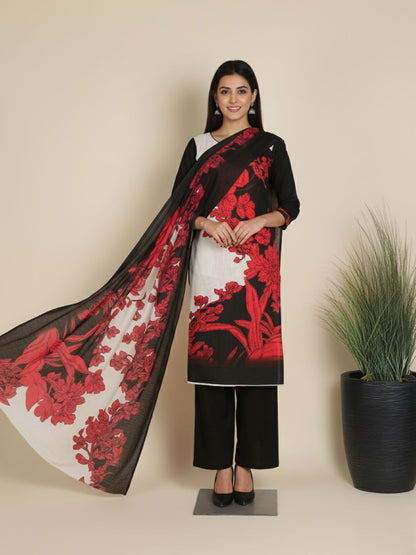 Cotton Embroidered Black & Red Unstitched Dress Material