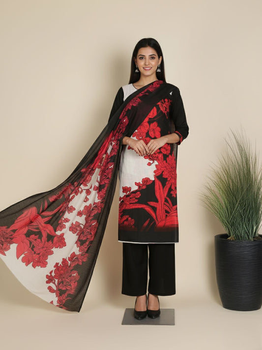Cotton Embroidered Black & Red Unstitched Dress Material
