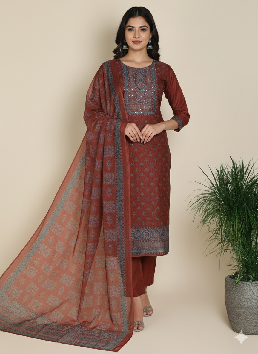Maroon Chanderi Silk Embellished Unstitched Dress Material (3 Pc)