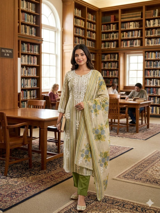 Olive Cotton Embroidered Unstitched Dress Material