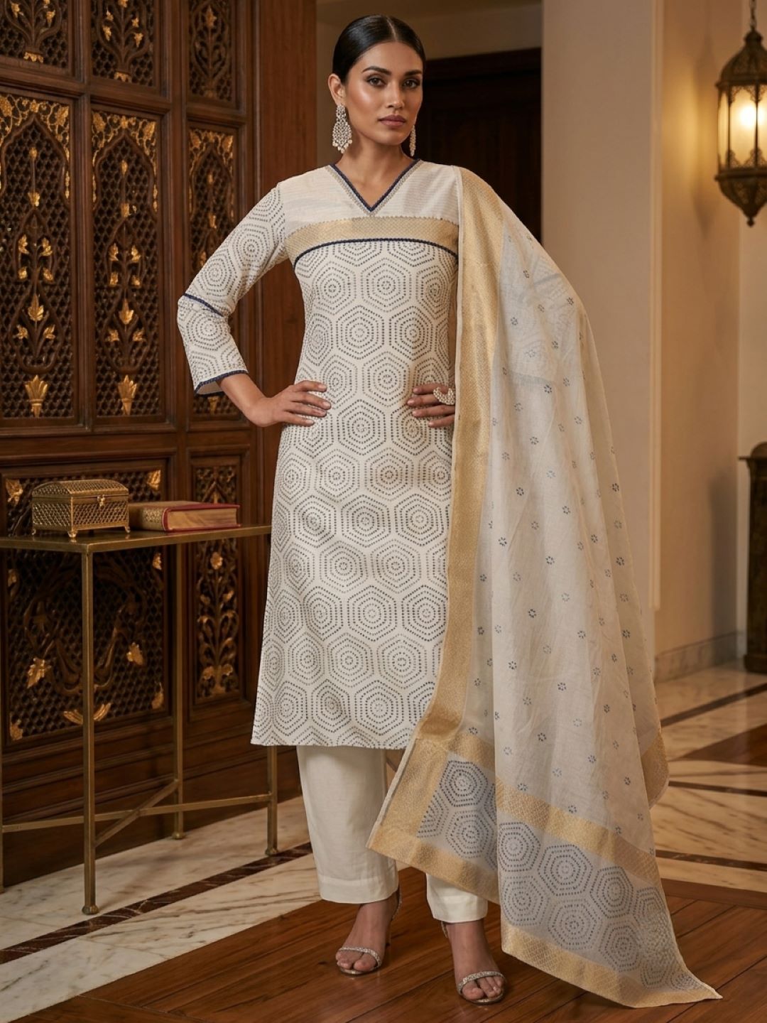 Women’s Cream Banarasi Chanderi Cotton Kurta & Dupatta