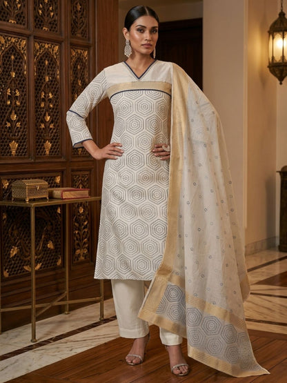 Women’s Cream Banarasi Chanderi Cotton Kurta & Dupatta
