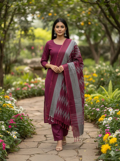 Wine Woven Design Pure Cotton Ikat Dupatta
