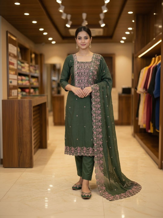 Raw Silk Embroidered Green Unstitched Salwar Dress Material With Dupatta
