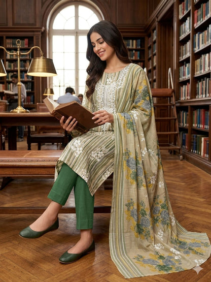 Green Cotton Embroidered Unstitched Dress Material