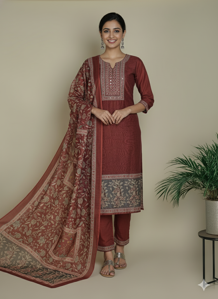 Maroon Chanderi Silk Embellished Unstitched Dress Material (3 Pc)