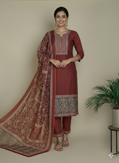 Maroon Chanderi Silk Embellished Unstitched Dress Material (3 Pc)